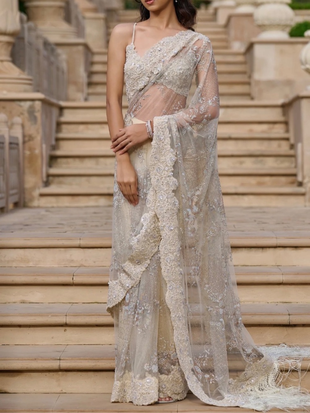 Tarun Tahiliani quintessence lace drape saree paired with pearl corset top